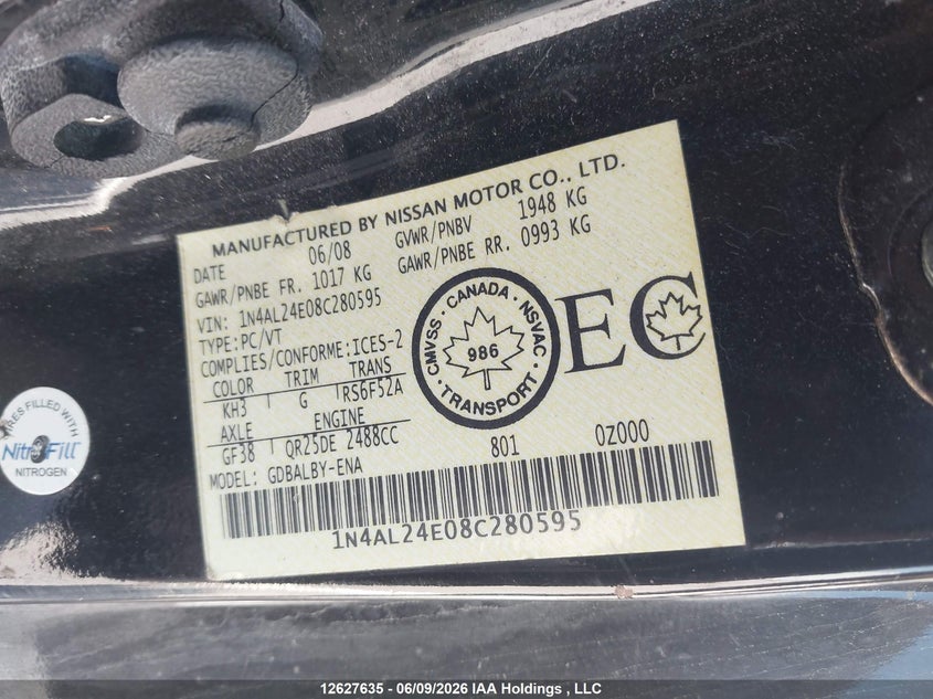2008 Nissan Altima 2.5S VIN: 1N4AL24E08C280595 Lot: 12627635