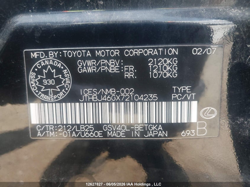 2007 Lexus Es 350 350 VIN: JTHBJ46GX72104235 Lot: 12627827