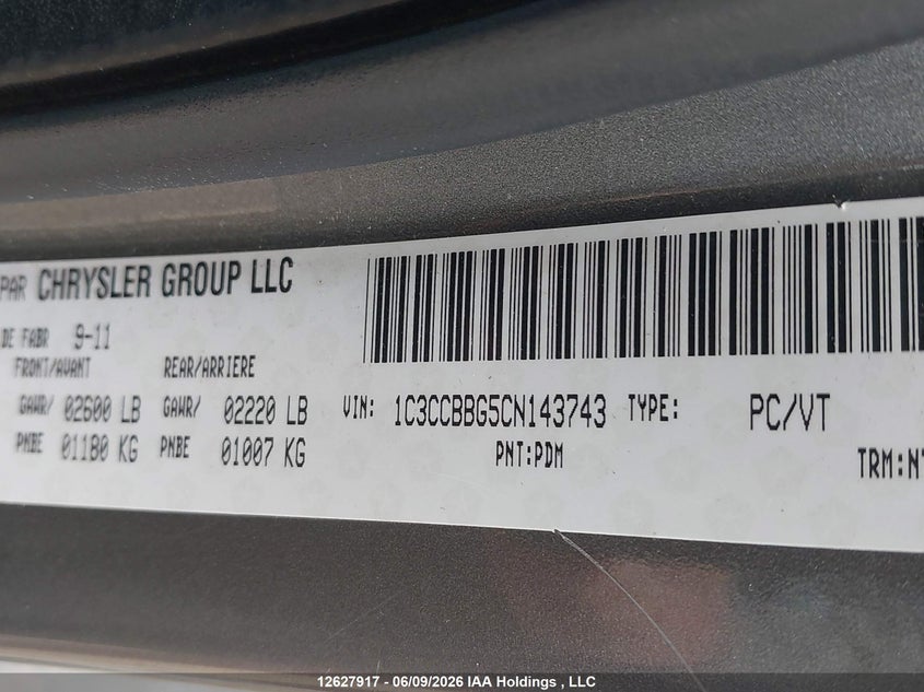 2012 Chrysler 200 Touring VIN: 1C3CCBBG5CN143743 Lot: 12627917