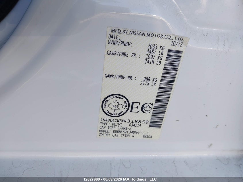 2023 Nissan Altima Sr VIN: 1N4BL4CW6PN318859 Lot: 12627989