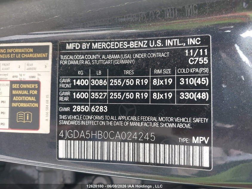 2012 Mercedes-Benz Ml 350 4Matic VIN: 4JGDA5HB0CA024245 Lot: 12628180
