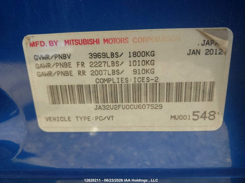2012 Mitsubishi Lancer Se VIN: JA32U2FU0CU607529 Lot: 12628211