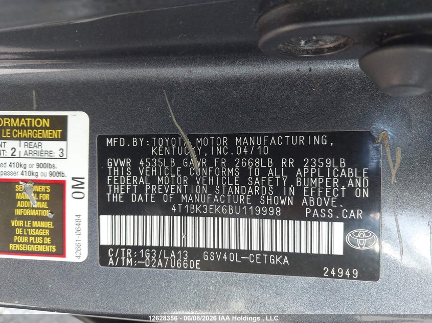 2011 Toyota Camry Se/Le/Xle VIN: 4T1BK3EK6BU119998 Lot: 12628356