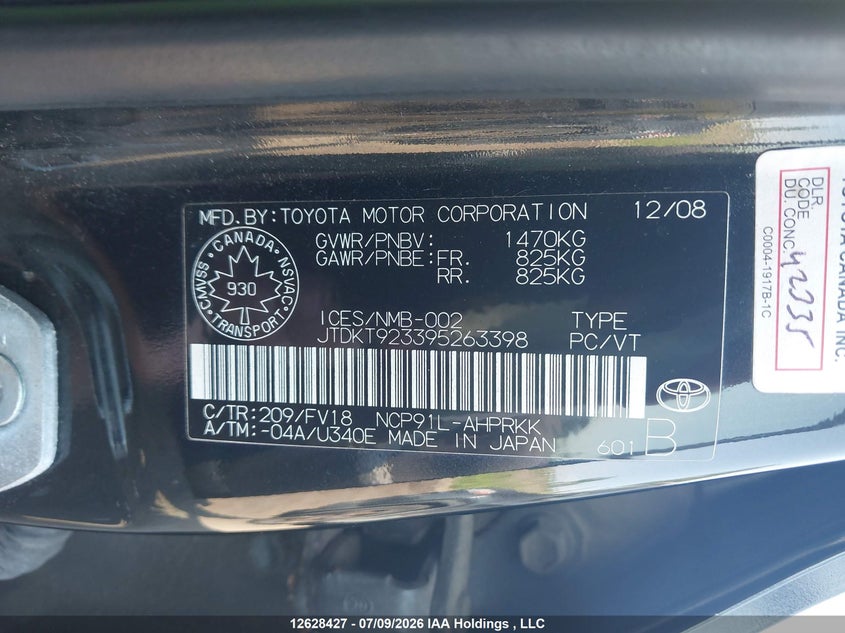 2009 Toyota Yaris VIN: JTDKT923395263398 Lot: 12628427