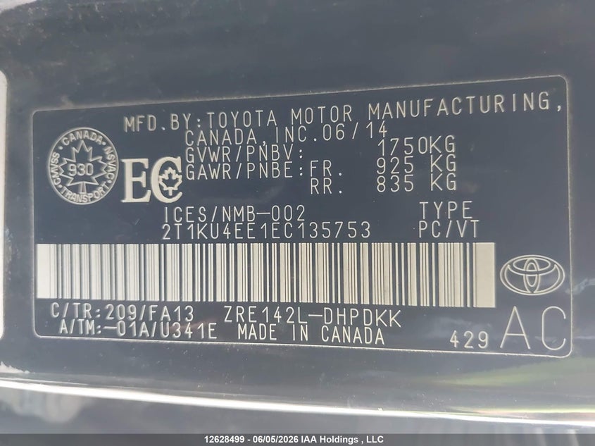 2014 Toyota Matrix VIN: 2T1KU4EE1EC135753 Lot: 12628499
