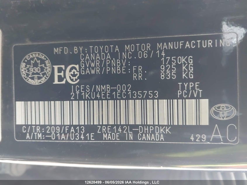 2014 Toyota Matrix VIN: 2T1KU4EE1EC135753 Lot: 12628499