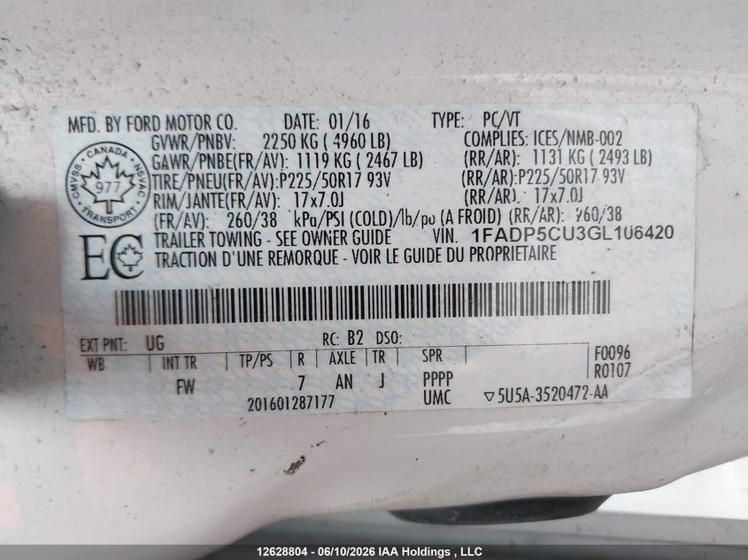 2016 Ford C-Max Energi VIN: 1FADP5CU3GL106420 Lot: 12628804