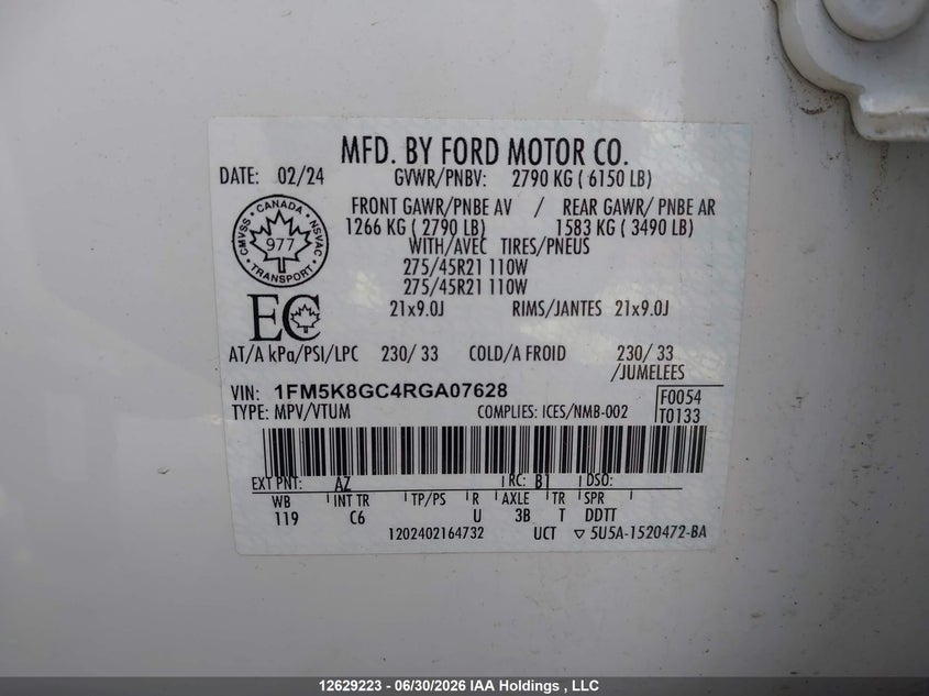 2024 Ford Explorer St VIN: 1FM5K8GC4RGA07628 Lot: 12629223