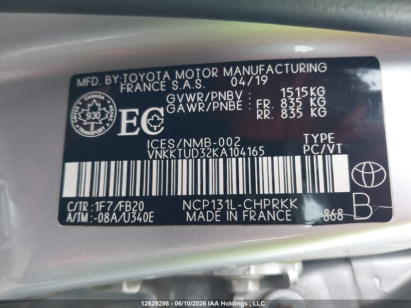 2019 Toyota Yaris L/Le/Se VIN: VNKKTUD32KA104165 Lot: 12629298