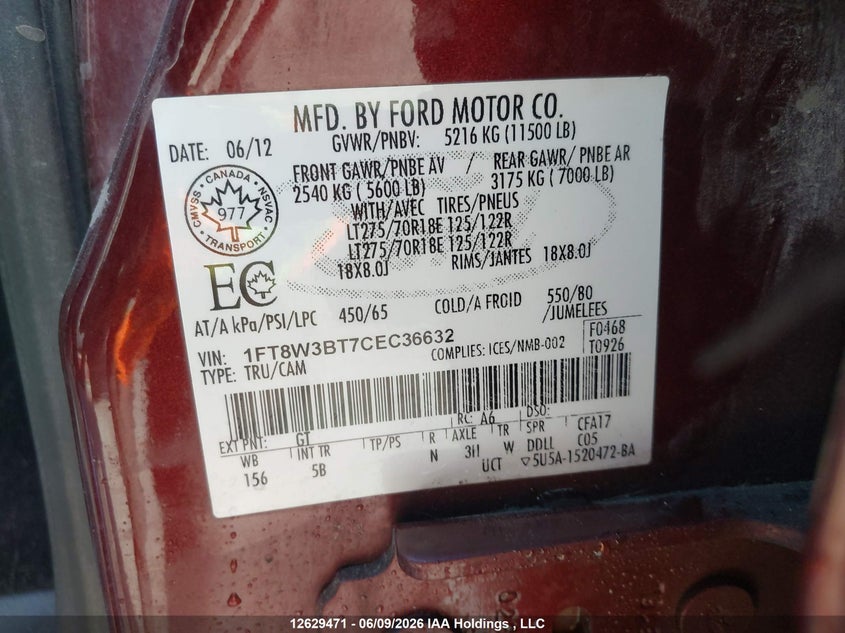 2012 Ford F350 Super Duty VIN: 1FT8W3BT7CEC36632 Lot: 12629471