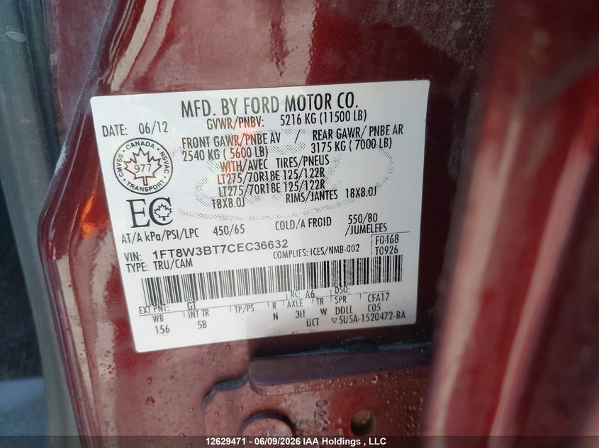 2012 Ford F350 Super Duty VIN: 1FT8W3BT7CEC36632 Lot: 12629471