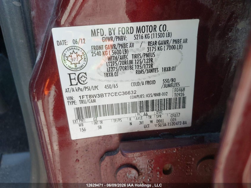 2012 Ford F350 Super Duty VIN: 1FT8W3BT7CEC36632 Lot: 12629471