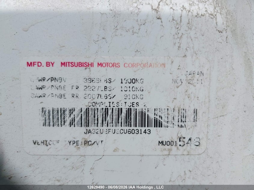 JA32U2FU2CU603143 2012 Mitsubishi Lancer 2.0 Es/Es Sport white