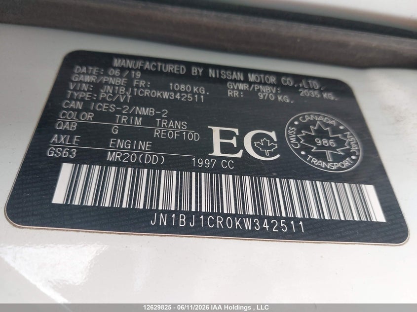 2019 Nissan Qashqai S/Sl/Sv VIN: JN1BJ1CR0KW342511 Lot: 12629825