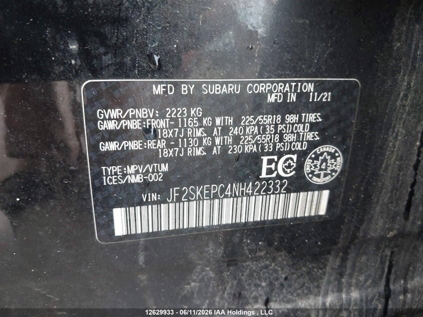 2022 Subaru Forester Limited VIN: JF2SKEPC4NH422332 Lot: 12629933
