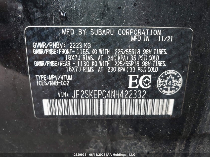 2022 Subaru Forester Limited VIN: JF2SKEPC4NH422332 Lot: 12629933