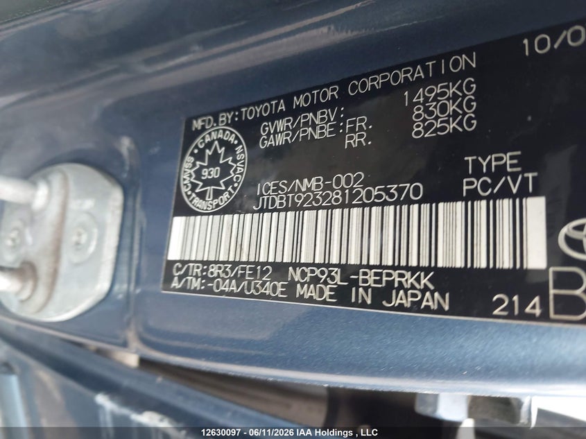 2008 Toyota Yaris VIN: JTDBT923281205370 Lot: 12630097