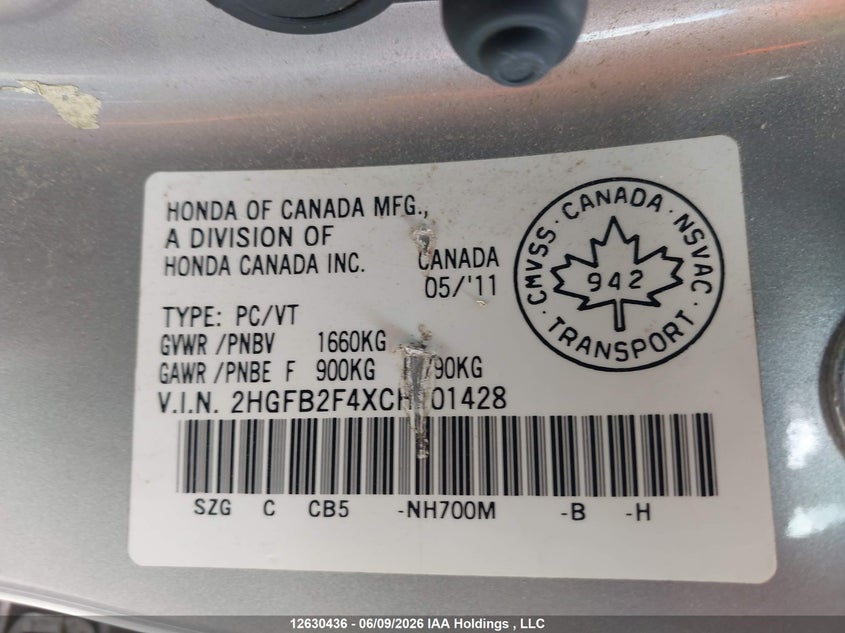 2012 HONDA CIVIC SEDAN 1.8L I-4 VVT, 140HP