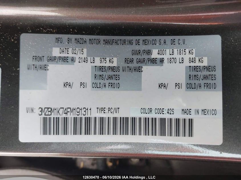 2015 MAZDA 3 SEDAN 2.0L I-4 DI, DOHC, VVT, 155HP