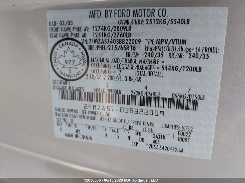 2003 Ford Windstar Sport VIN: 2FMZA57403BB22009 Lot: 12630586