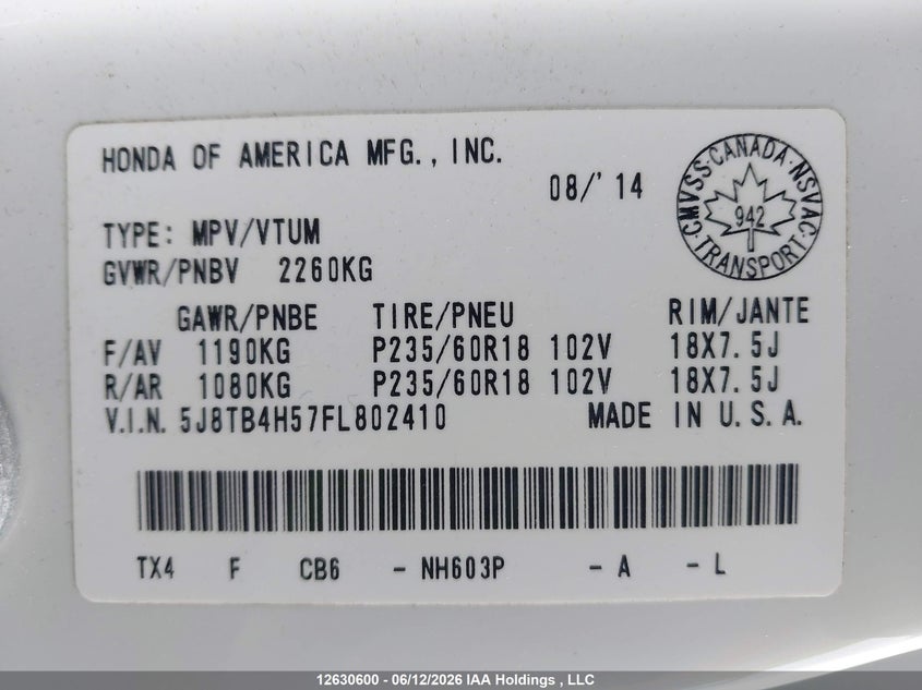 2015 ACURA RDX SPORT UTILITY VEHICLE 3.5L V-6 VVT, 273HP
