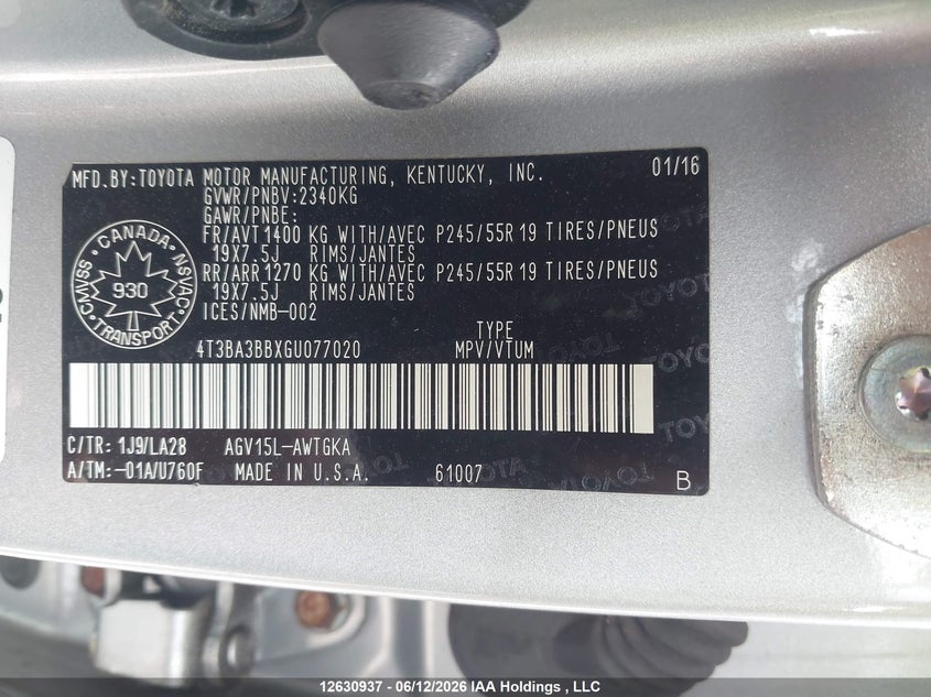 2016 Toyota Venza Base V6 VIN: 4T3BA3BBXGU077020 Lot: 12630937