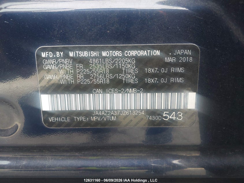 2018 Mitsubishi Outlander Es VIN: JA4AZ2A37JZ613254 Lot: 12631160