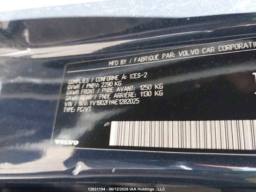 2014 Volvo S60 VIN: YV1902FH4E1282025 Lot: 12631194