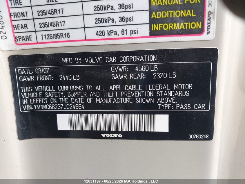 2007 VOLVO C70 CABRIO 2.5L I-5 DOHC, VVT, TURBO, 218HP