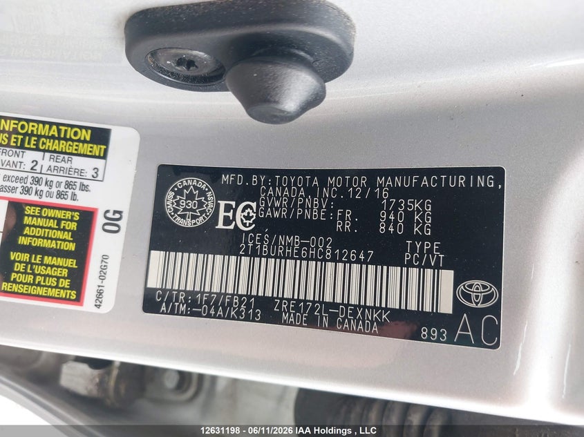 2017 TOYOTA COROLLA SEDAN 1.8L I-4 DOHC, VVT, 132HP