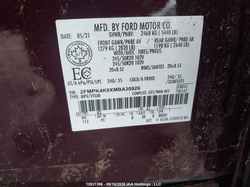 2021 Ford Edge VIN: 2FMPK4K9XMBA30926 Lot: 12631396