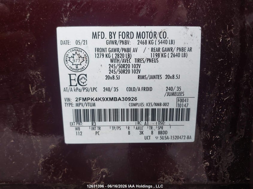2021 Ford Edge VIN: 2FMPK4K9XMBA30926 Lot: 12631396