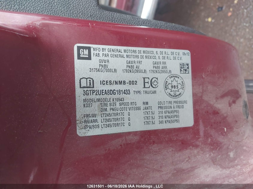 2013 GMC Sierra 1500 VIN: 3GTP2UEA8DG181433 Lot: 12631501