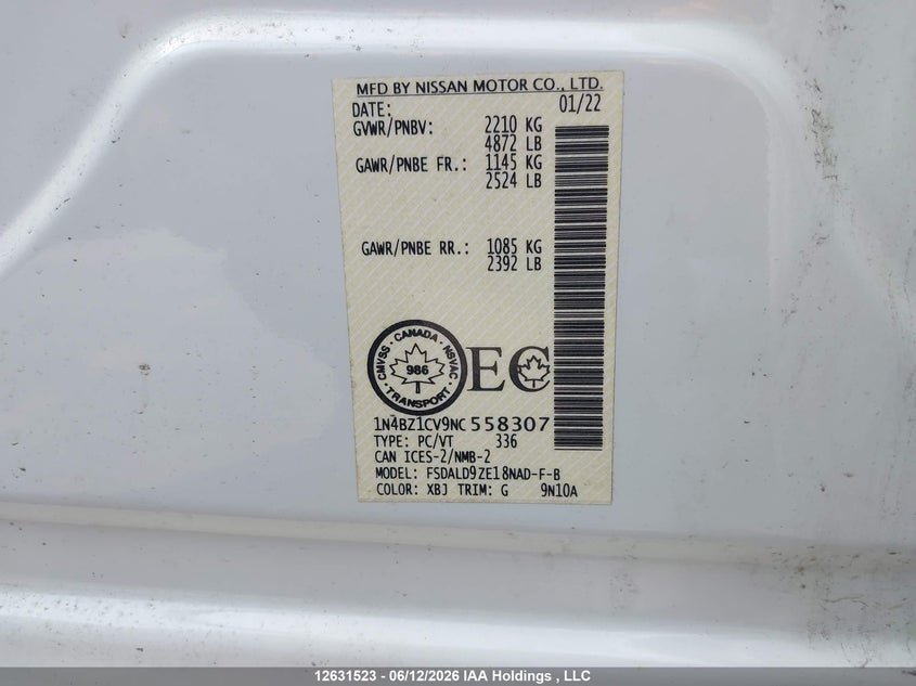 2022 Nissan Leaf Sv Plus VIN: 1N4BZ1CV9NC558307 Lot: 12631523