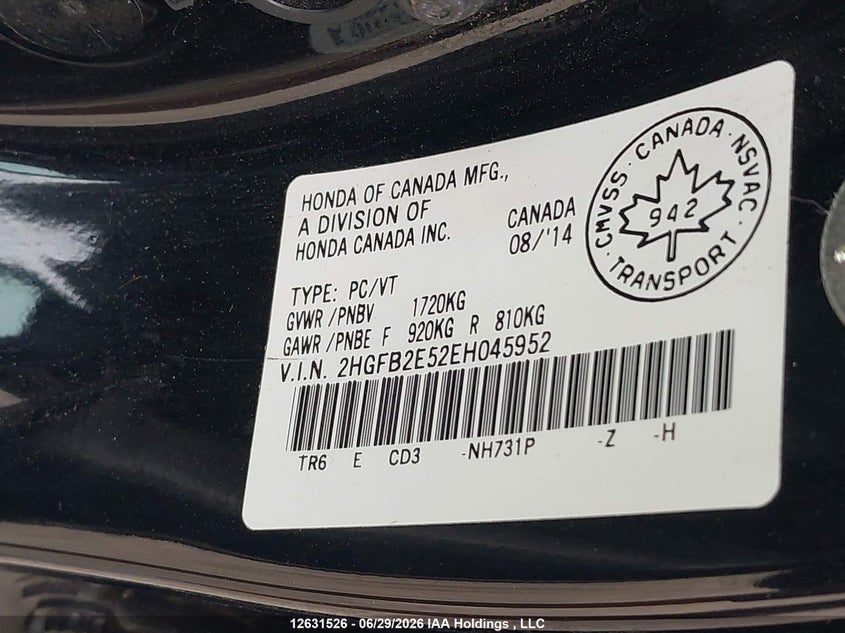 2014 HONDA CIVIC SEDAN 1.8L I-4 VVT, 143HP