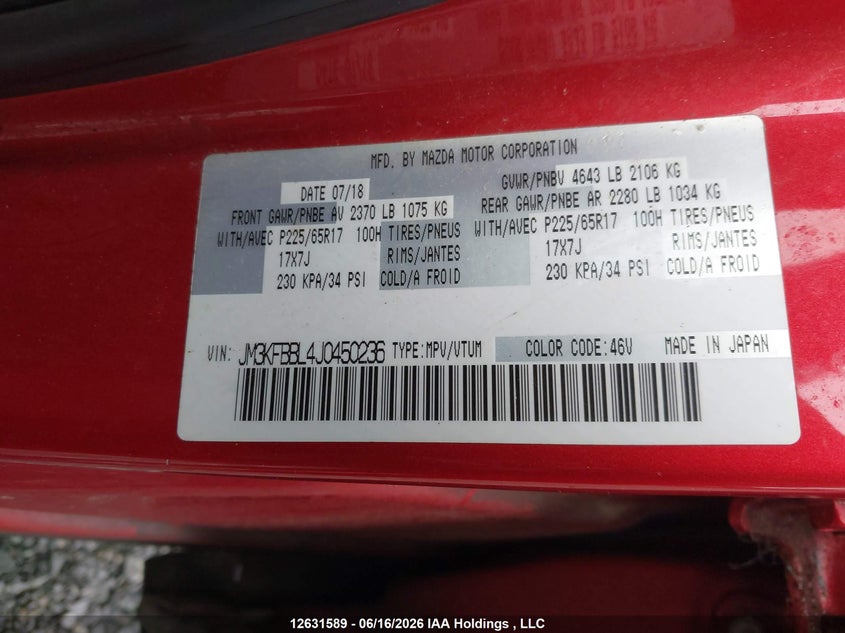2018 Mazda Cx-5 Gx VIN: JM3KFBBL4J0450236 Lot: 12631589