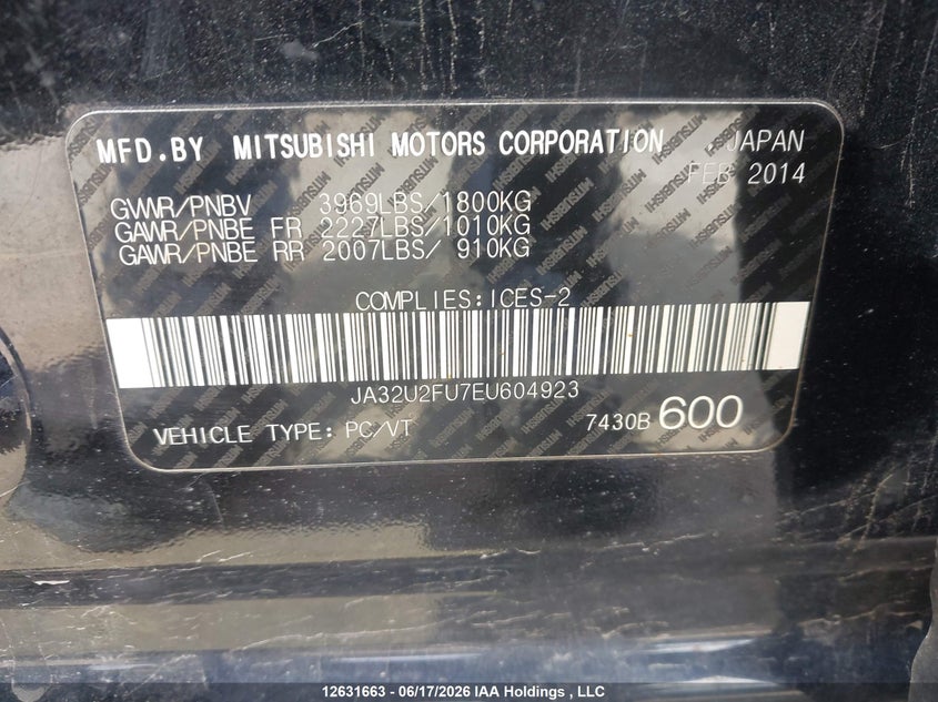 2014 Mitsubishi Lancer Se VIN: JA32U2FU7EU604923 Lot: 12631663