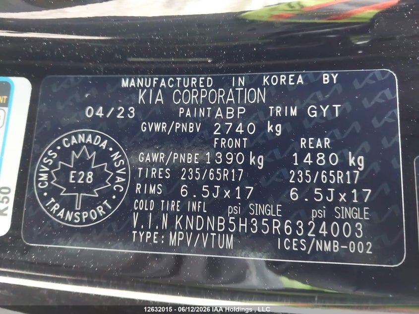 2024 Kia Carnival Lx VIN: KNDNB5H35R6324003 Lot: 12632015