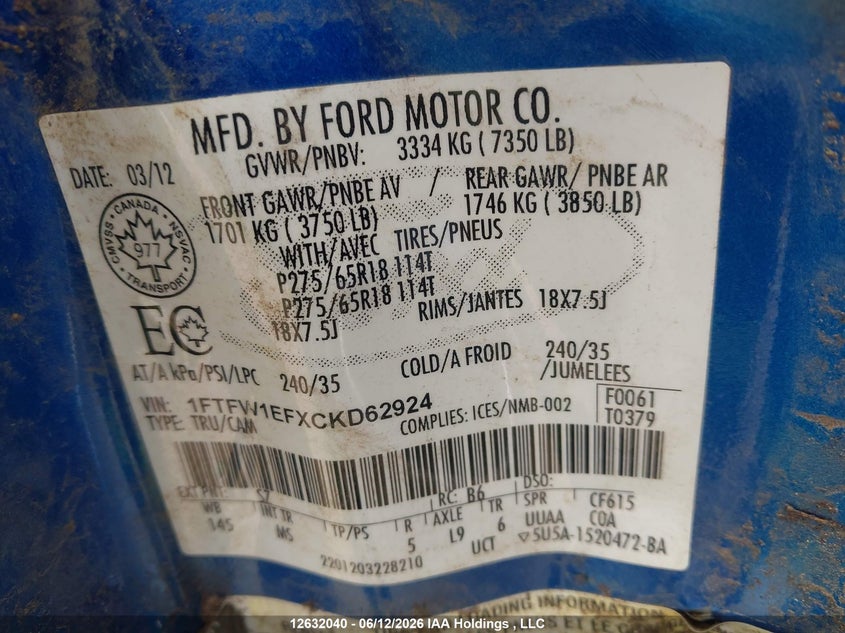 2012 FORD F150 SUPERCREW PICKUP 5.0L V-8 DOHC, VVT, 360HP