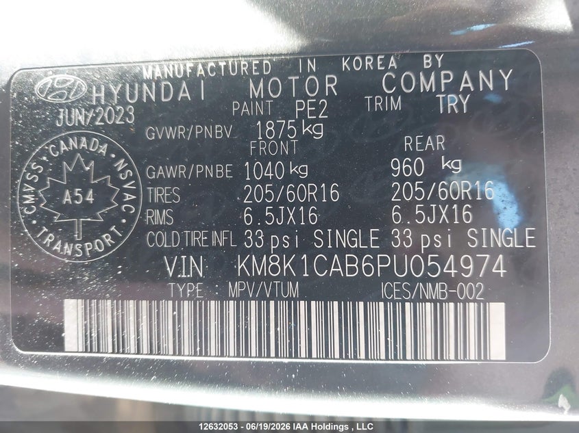 2023 Hyundai Kona Essential VIN: KM8K1CAB6PU054974 Lot: 12632053