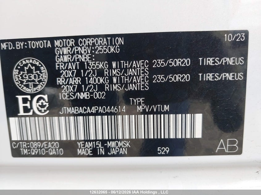 2023 Toyota Bz4X Xle VIN: JTMABACA4PA044614 Lot: 12632065