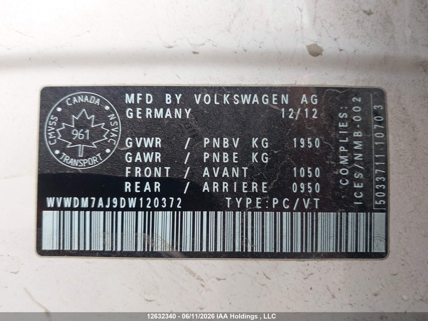 2013 Volkswagen Golf VIN: WVWDM7AJ9DW120372 Lot: 12632340
