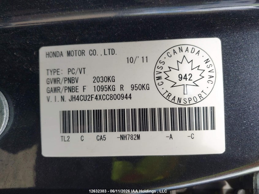 2012 ACURA TSX SEDAN 2.4L I-4 DOHC, VVT, 201HP