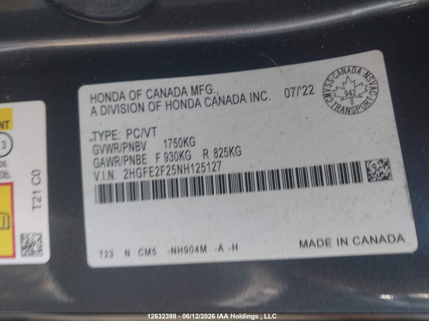 2022 Honda Civic Lx VIN: 2HGFE2F25NH125127 Lot: 12632398