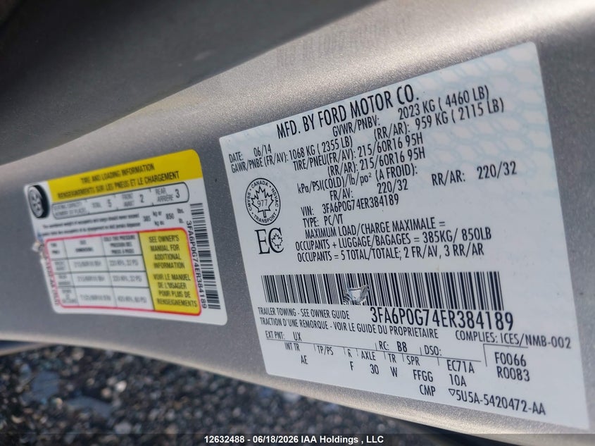 2014 FORD FUSION SEDAN 2.5L I-4 DOHC, VVT, 175HP