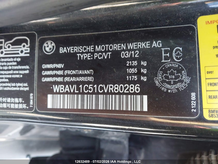 2012 BMW X1 SPORT UTILITY VEHICLE 2.0L I-4 DI, DOHC, VVT, TURBO, 241HP