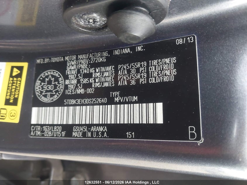 2013 TOYOTA HIGHLANDER SPORT UTILITY VEHICLE 3.5L V-6 DOHC, VVT, 270HP