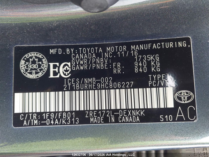 2T1BURHE9HC806227 Toyota Corolla L/le/xle/se/xse