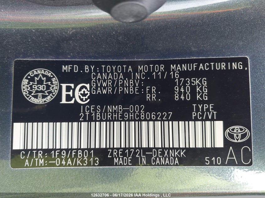2T1BURHE9HC806227 Toyota Corolla L/le/xle/se/xse