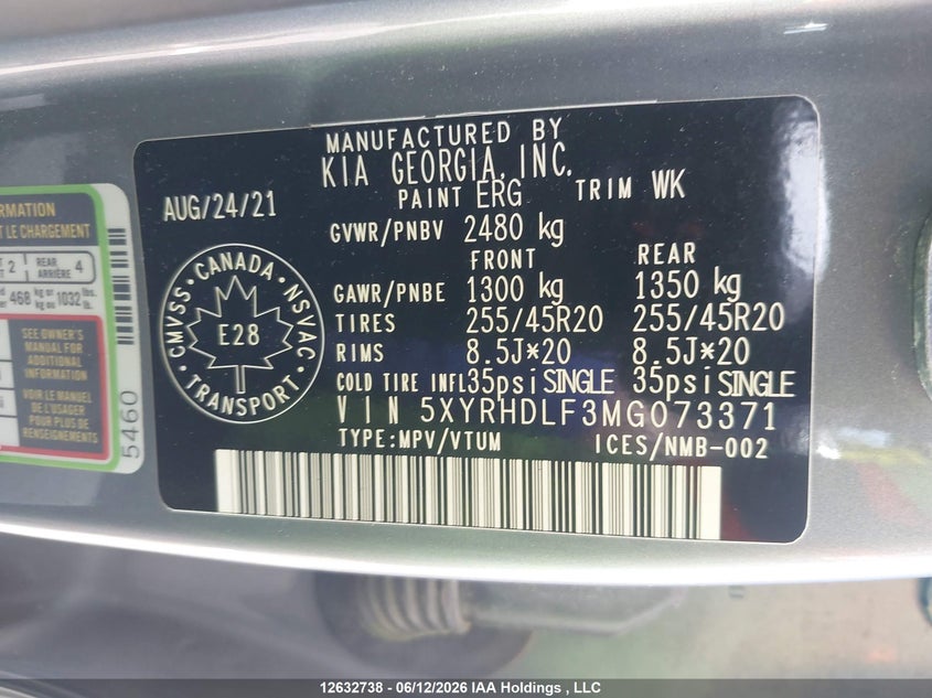 2021 Kia Sorento 2.5T Ex/2.5T Ex+ VIN: 5XYRHDLF3MG073371 Lot: 12632738